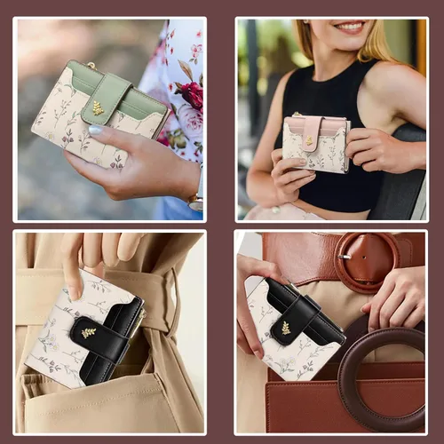 Vista 6 de Billeteras pequeñas para mujer, de cuero, plegable, con cremallera, con bolsillo con cremallera, lindo soporte para tarjetas de crédito, monedero