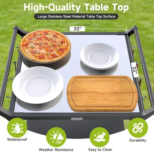 Vista 3 de NUUK Carrito de parrilla de 32" x 32" pulgadas, mesa de horno de pizza de acero inoxidable con doble estante rodante, isla de cocina, estación