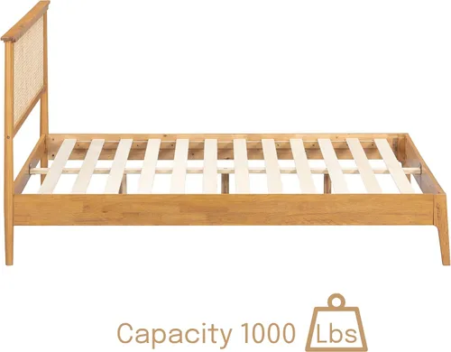 Vista 3 de NTC Marco de Cama de Madera Ruby con Cabecero y Ratán Natural, Base de Madera Sólida de Roble/Caucho con Listones Silenciosos, Capacidad de 1000