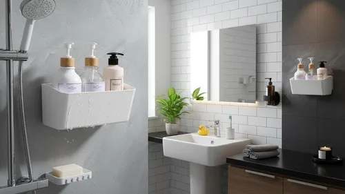 Vista 2 de Estante de baño, estante adhesivo para ducha, organizador de baño, sin taladro, cesta de ducha de plástico, estante de almacenamiento blanco