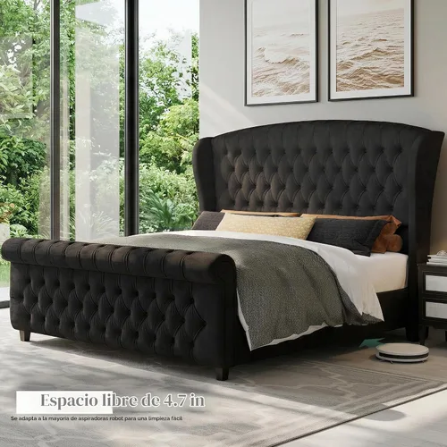 Vista 5 de LUXOAK Estructura de cama tapizada tamaño Queen con cabecera capitoné Negro