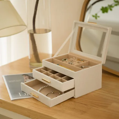 Vista 3 de Organizador de joyas de terciopelo de felpa con 3 cajones cajas de joyería grandes para mujeres con tapa acrílica transparente para almacenamiento