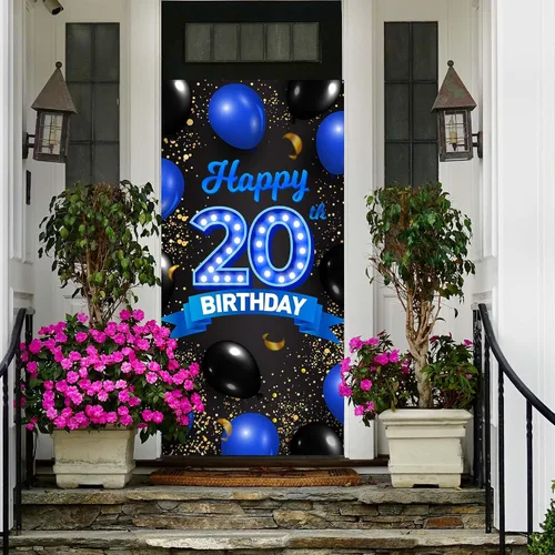 Vista 6 de Cartel de fondo azul y negro de feliz cumpleaños número 20, decoración temática de globos de confeti para niñas y mujeres de 20 años, decoraciones