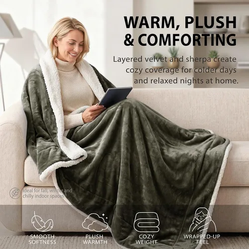 Vista 5 de DEZ FURNISHINGS Velvet Sherpa Blanket, Throw 50" x 60", Silver Gray Gris plateado