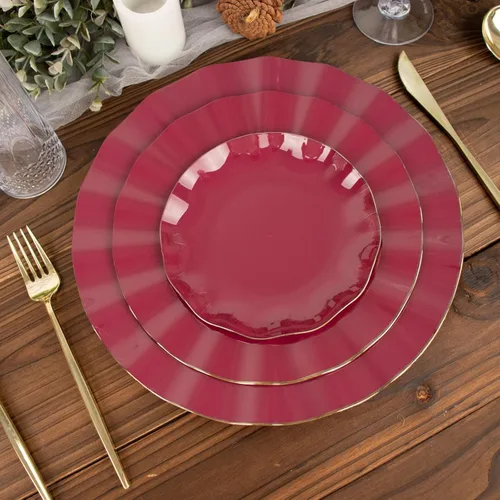 Vista 116 de Tableclothsfactory Paquete de 10 platos redondos de plástico negro de 6 pulgadas para ensalada de postre, platos desechables con borde ondulado