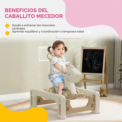 Vista 4 de Qaba Caballo Mecedor 5 en 1 para Niños Pequeños, Juguete Mecedor con Resorte para Niños, Carrito de Empuje de Bicicleta de Equilibrio con Base