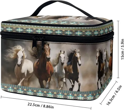 Vista 6 de Flashideas Bolsa de maquillaje para cosméticos Almacenamiento vertical Bolsa de maquillaje de viaje de gran capacidad, Caballo Azteca 1