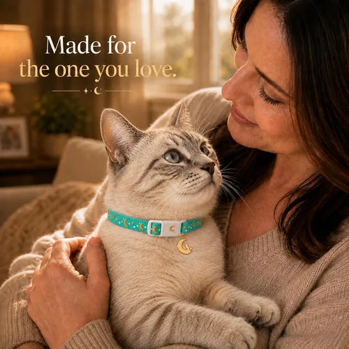 Vista 2 de waaag - Collar de seguridad para gato, con diseño de lunas y estrellas doradas, brilla en la oscuridad