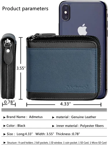 Vista 5 de Carteras con bloqueo RFID para hombre billetera de cuero con cremallera para hombre tarjetero RFID biplegable