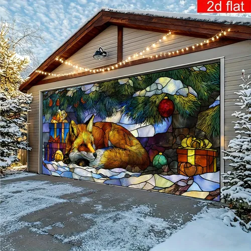 Vista 4 de Cubierta Navideña para Puerta de Garaje, 6 x 13 pies Animales Lindos del Bosque Invernal Zorro, Decoración Navideña para Porche y Patio Exterior