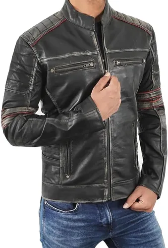 Vista 8 de Prime-Fashion Mens Vintage Motorcycle Distressed Retro Biker Leather Jacket