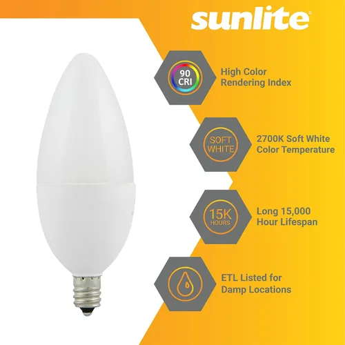 Vista 3 de Bombilla LED B11 decorativa para lámpara de techo Sunlite, 7 vatios (equivalente a 60 W), 500 lúmenes, 120 voltios, regulable, base E12, CRI 90