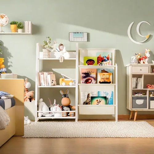 Vista 3 de Estantería infantil con bolsa de almacenamiento, estantería de 3 niveles y organizador de almacenamiento de juguetes para niños, estantería de metal