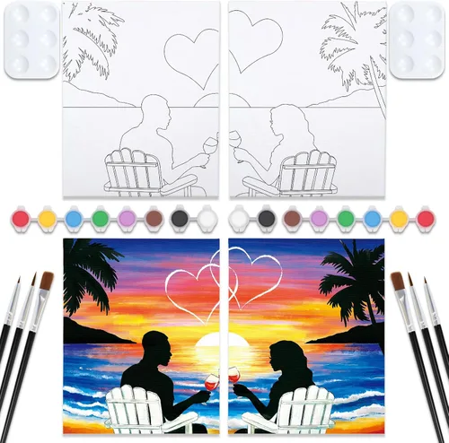 Vista 9 de VOCHIC Kit de pintura para sorbos y pinturas, lienzo predibujado para parejas, kit de pintura para adultos, citas, noche, puesta de sol, playa