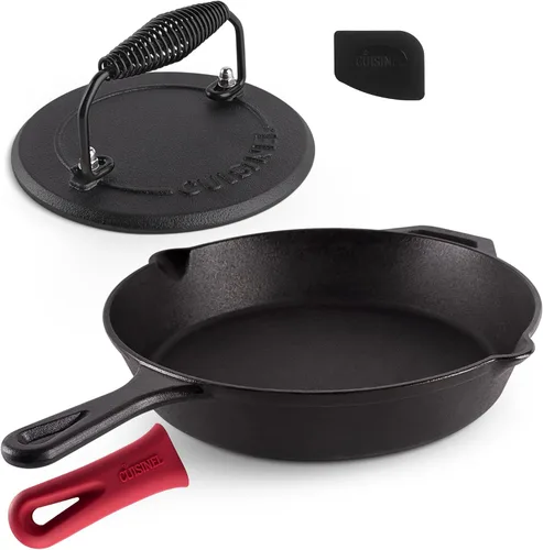 Vista 32 de Cuisinel Sartén de hierro fundido de 15" + tapa de vidrio + raspador de sartén negro + cubierta de agarre de mango de silicona - Utensilios
