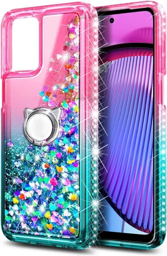 Vista 3 de NZND Diseñada para Motorola Moto G Power 5G 2023, bonita funda con purpurina líquida flotante con protector de pantalla de vidrio templado, soporte