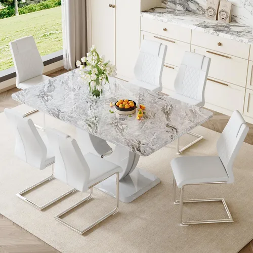 Vista 85 de JUFU Juego de mesa de comedor moderno para 4, juego de mesa de cocina rectangular de 63 pulgadas con mesa de mármol sintético y 4 sillas tapizadas