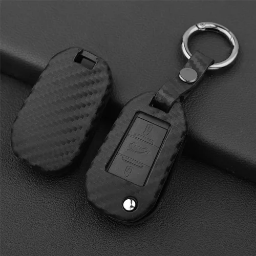 Vista 4 de Cubierta de patrón de textura de fibra de carbono de goma de silicona suave para Peugeot, funda de llavero remoto de coche para Peugeot 208 301 308