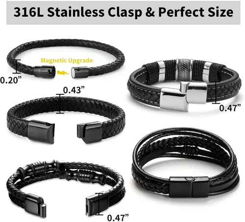 Vista 5 de LOWNOUR Pulseras de cuero negro para hombres y mujeres, 5 unidades, pulseras de cuero y acero trenzadas, cuero