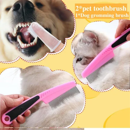 Vista 4 de 6-in-1 Pet Grooming Kit Self-Cleaning Slicker Brush Nail Clippers Comb Toothbrush Set for Dogs Cats