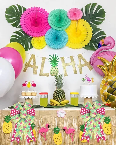 Vista 5 de Estivaux 2 lazos de verano para corona, lazos de corona de vacaciones de verano, lazos de arpillera verde y rosa, lazos de flamencos hawaianos