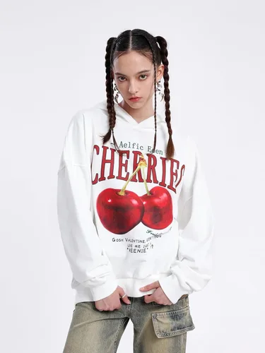 Vista 2 de Aelfric Eden Sudaderas con capucha para mujer, con estampado de cerezas de gran tamaño, sudadera de manga larga con capucha