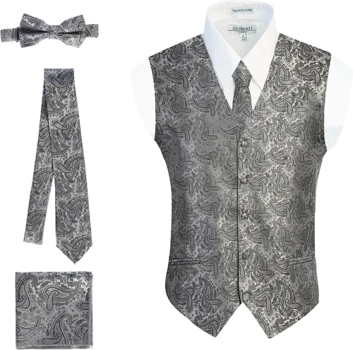 Vista 13 de Gioberti Chaleco formal de cachemira de 4 piezas para hombre, corbatín y pañuelo de bolsillo Negro B