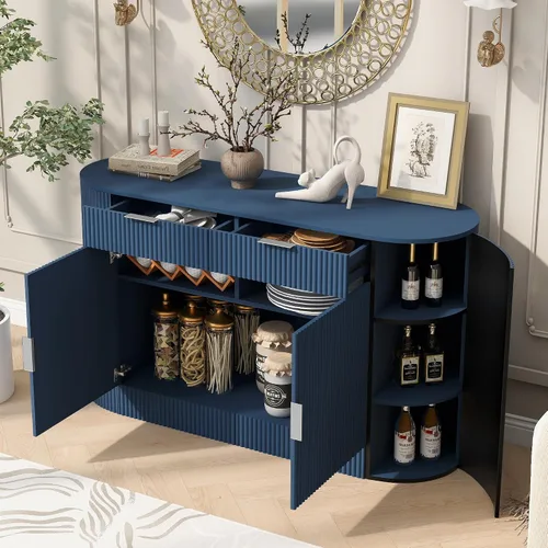 Vista 10 de Knocbel Modern Strip Sideboard with Oval Top, 2 Doors & 2 Drawers and Aluminum Handles, Storage Cabinet with Curved Side Door and 3-Tier Shelves
