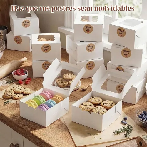 Vista 5 de VGOODALL 15 cajas de galletas, 4 x 4 x 2.4 pulgadas, mini cajas blancas de panadería con ventana para pasteles pequeños, postres, pasteles, donas 15