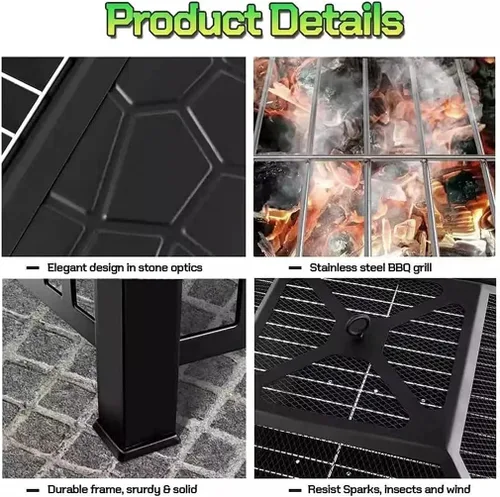 Vista 6 de Mesa para hoguera de 32 pulgadas para exteriores, hoguera de leña con cubierta impermeable, pantalla de chispas y parrilla, parrilla cuadrada
