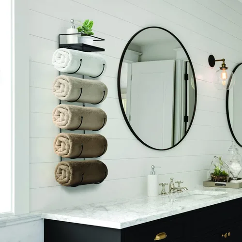 Vista 5 de Sorbus Toallero de baño – Toallero de metal de 5 niveles con estante de madera para toallas de baño enrolladas, toallas de baño, ropa de cama