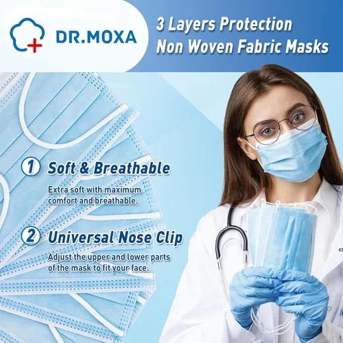 Vista 3 de DR.MOXA Paquete de 50 mascarillas desechables de grado médico de 3 capas para protección, color azul Cómodo, suave, transpirable