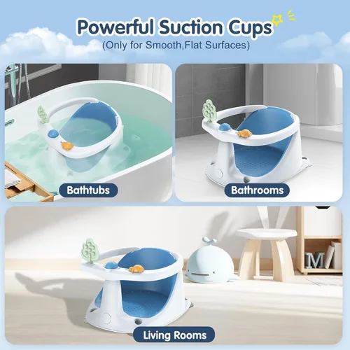 Vista 6 de Asiento de baño para bebés de 6 meses en adelante, antideslizante con ventosas, asiento de baño infantil seguro y cómodo para bañera, color azul