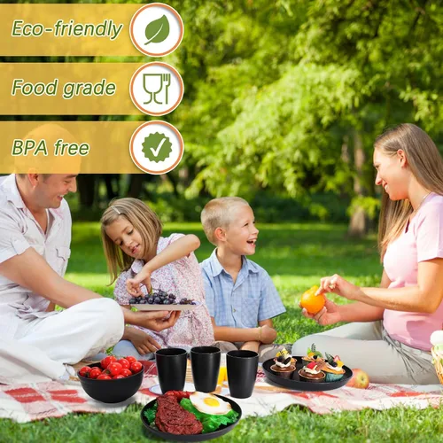 Vista 5 de Juego de vajilla de paja de trigo, 32 piezas, platos de plástico y cuencos Black Unbreakable Dinnerware Set, Reusable Lightweight Dish Set for