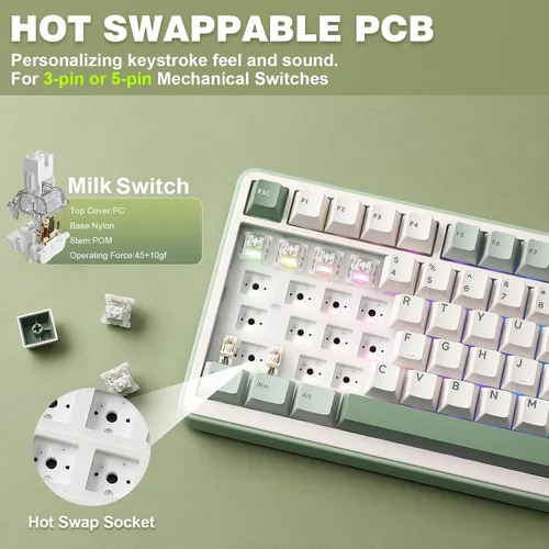 Vista 5 de YUNZII Teclado mecánico inalámbrico B75 PRO, diseño del 75% con perilla, estructura de junta de intercambio en caliente, interruptores prelubricados
