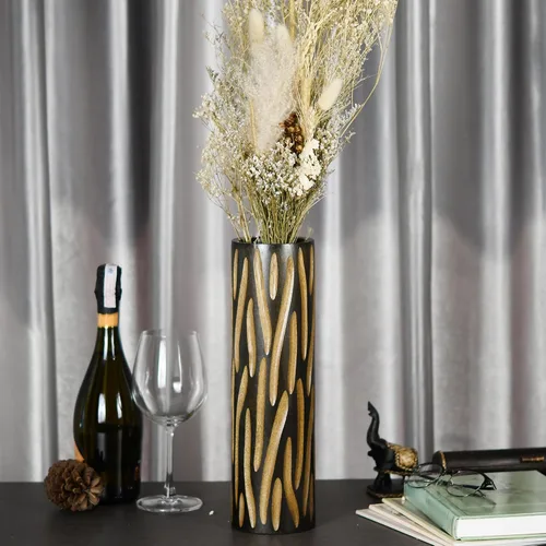 Vista 3 de AeraVida Eco-Chic - Jarrón de madera cilíndrico de mango tallado a mano marrón de 14 pulgadas Florero alto de madera Decoración del hogar