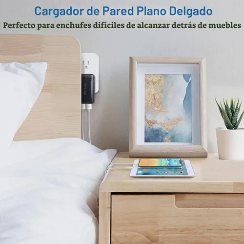 Vista 2 de Cargador de Pared USB Dual Plano, OKRAY Bloque de Carga Rápida 5v/3a con Enchufe Plegable, Adaptador de Cargador de Teléfono Extra-Delgado de 2 Negro
