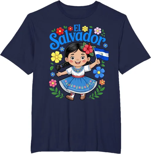 Vista 18 de Camiseta de estilo tradicional floral para niña con la bandera de El Salvador