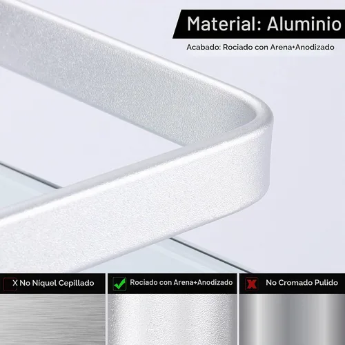 Vista 4 de Baño estante de vidrio Kes con riel de aluminio y extra grueso vidrio templado, estantería de ducha rectangular estilo contemporáneo soporte