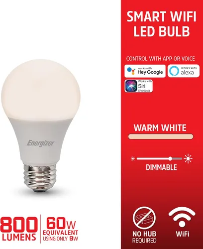 Vista 2 de Energizer Connect Smart A19 Bombilla LED blanca cálida con control de voz y acceso remoto a través de tu teléfono inteligente Compatible con Alexa