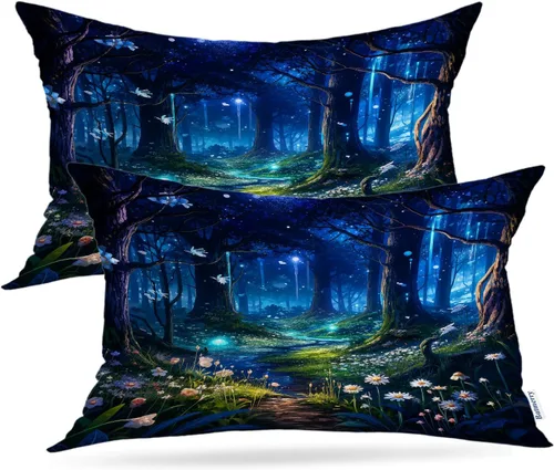 Vista 100 de Batmerry Fundas de almohada de bosque de arce otoñal, casas de sillas de madera, hojas amarillas, fundas de almohada decorativas, impresión digital