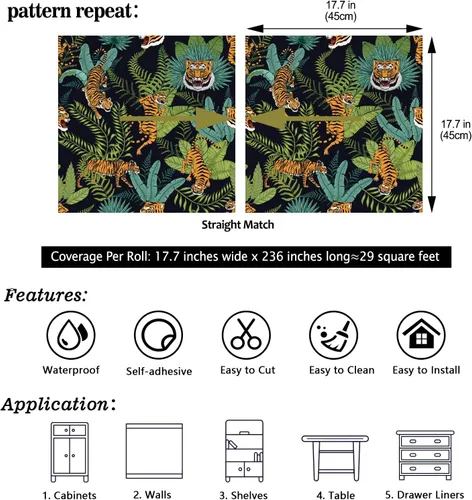 Vista 8 de CHIHUT Papel tapiz de tigre tropical de selva para despegar y pegar, papel tapiz de animales de safari, papel de contacto con hojas de palmera verde