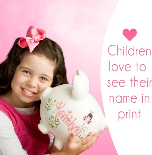 Vista 6 de Banco de elefante gris personalizado para niñas pintado a mano con nombre en rosa