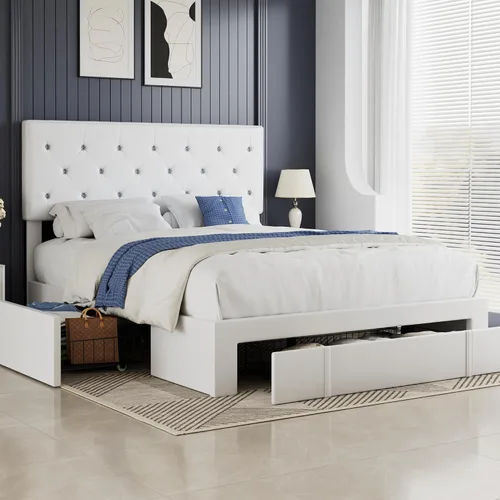 Vista 20 de VECELO Base de cama tamaño individual con plataforma tapizada con cabecera ajustable de botones de diamante, soporte de listones de madera,