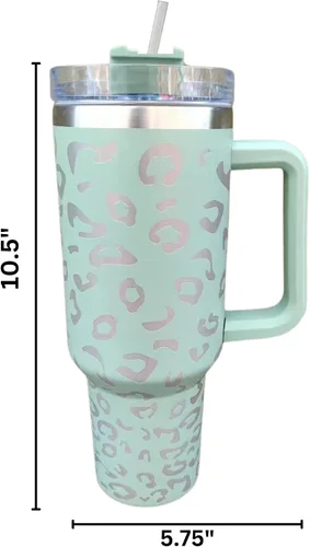 Vista 2 de Vaso de 40 onzas con asa y pajita, color menta, verde claro, azul, leopardo, plata, tapa de taza de 10 pulgadas de alto, incluida taza de viaje