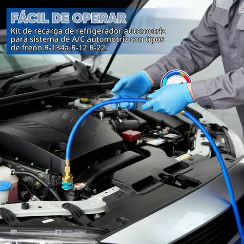 Vista 9 de Manguera de recarga de refrigerante R134a con calibre, kit de recarga de freón para refrigerador A/C R134A con válvulas de perforación de bala