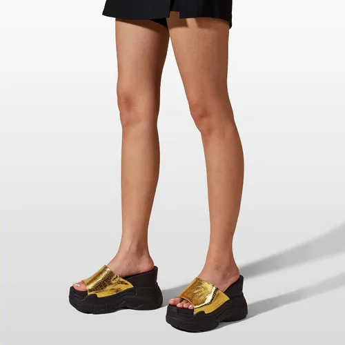 Vista 6 de K KIP WOK Sandalias gruesas de cuña para mujer, tacón grueso, plataforma de verano, sandalias con lentejuelas y puntera abierta, zapatos de piel