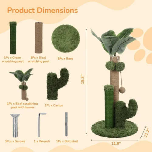 Vista 4 de joyibay Poste rascador para gatos de 11.8 x 19.3 pulgadas, árbol para gatos con juguete colgante, rascador de cactus para interiores, poste rascador