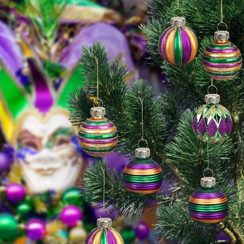 Vista 4 de Watayo 12 adornos de bola de vidrio Mardi Gras, bolas colgantes con purpurina de 1.5 pulgadas, adornos morados de Nueva Orleans, verde, adornos