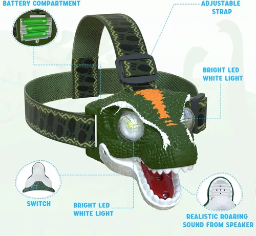 Vista 4 de COSOOS Linterna frontal LED para niños, equipo de camping, modo de rugido y silencio, lámpara de cabeza para exteriores para niño y niña, faro